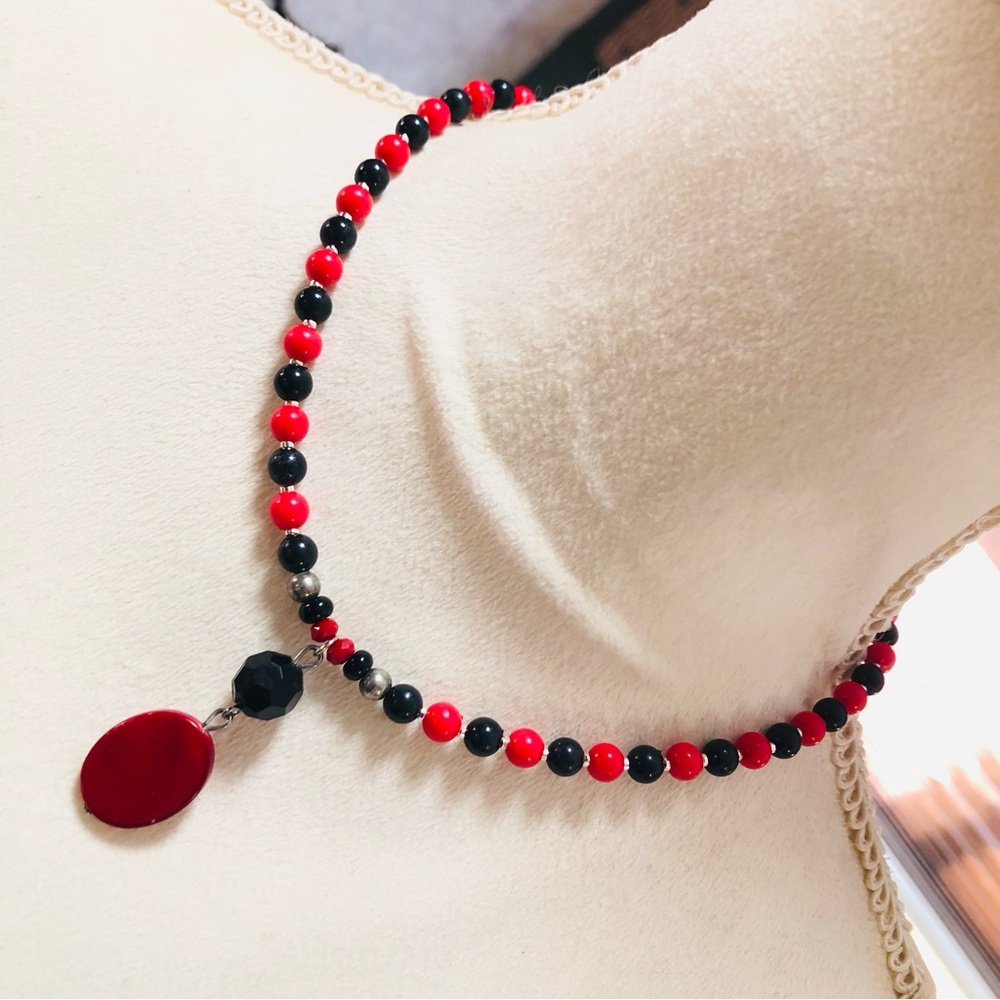 Handcrafted repurpose vintage red and black drop pendant beaded necklace
